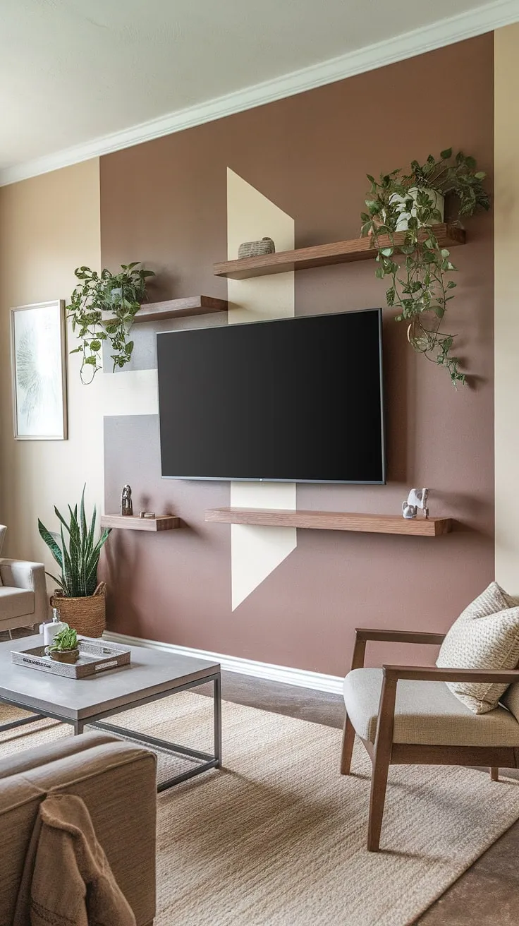 This living room tv wall, a stunning example of home office decor, seamlessly blends work and relaxation. The unique wooden shelving and greenery transform a simple basement living room decor into a sophisticated space, showcasing creative accent walls in living room design.  The tv wall office setup is both functional and stylish, a testament to clever living room wall designs.