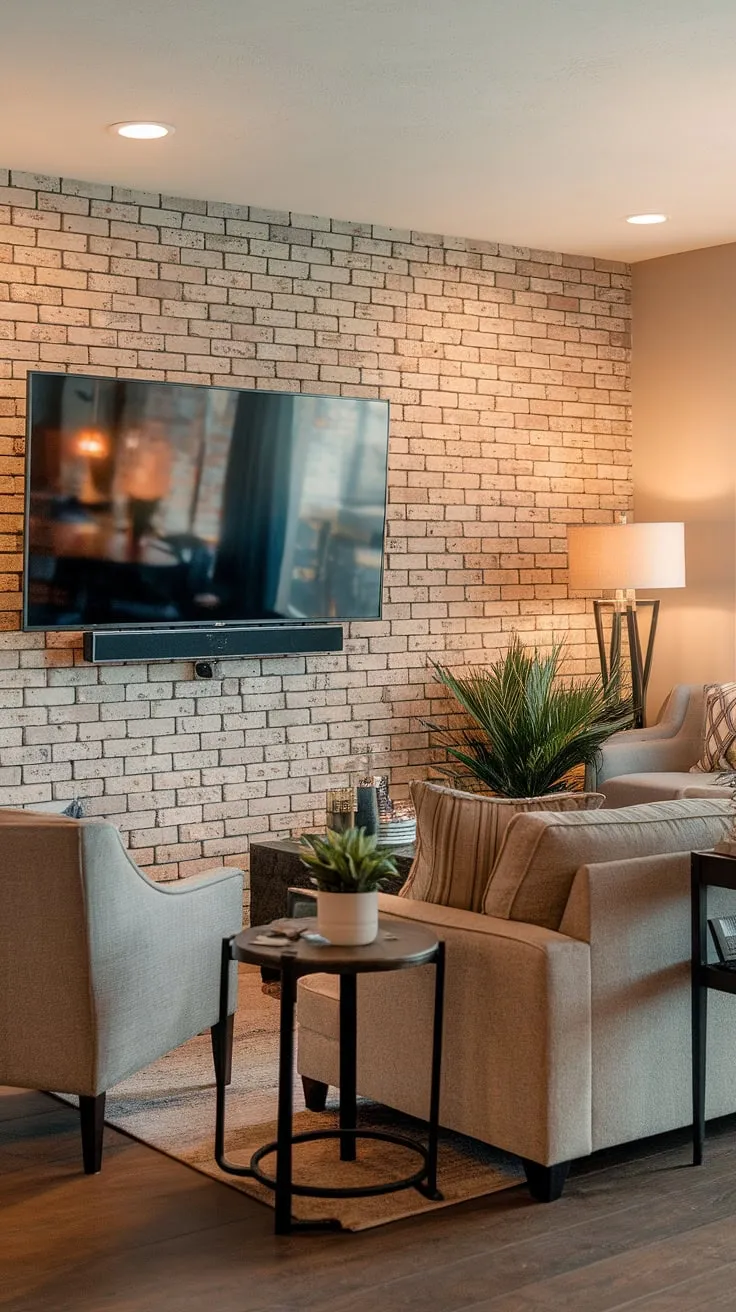 Transforming a basement into a cozy haven with this living room tv wall.  The brick accent walls in living room add texture and warmth, perfectly complementing the home office decor and creating the ultimate tv wall office.  This living room wall designs showcases how to seamlessly blend comfort and functionality.