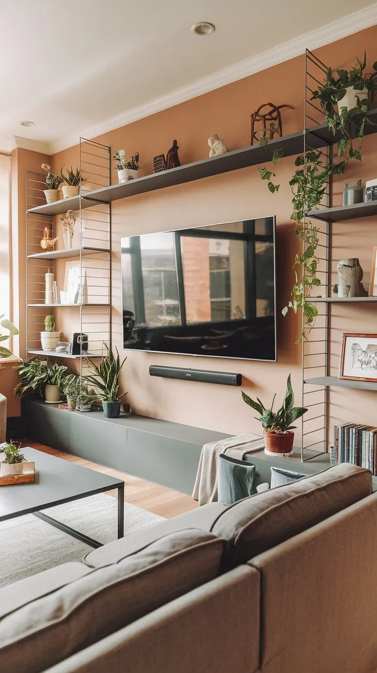 This living room tv wall is the perfect blend of form and function.  The integrated shelving provides ample space for a home office, making it a versatile tv wall office solution.  Basement living room decor doesn't have to be drab—this design proves that with thoughtful living room wall designs and accent walls in living room spaces, you can create a warm and inviting atmosphere.