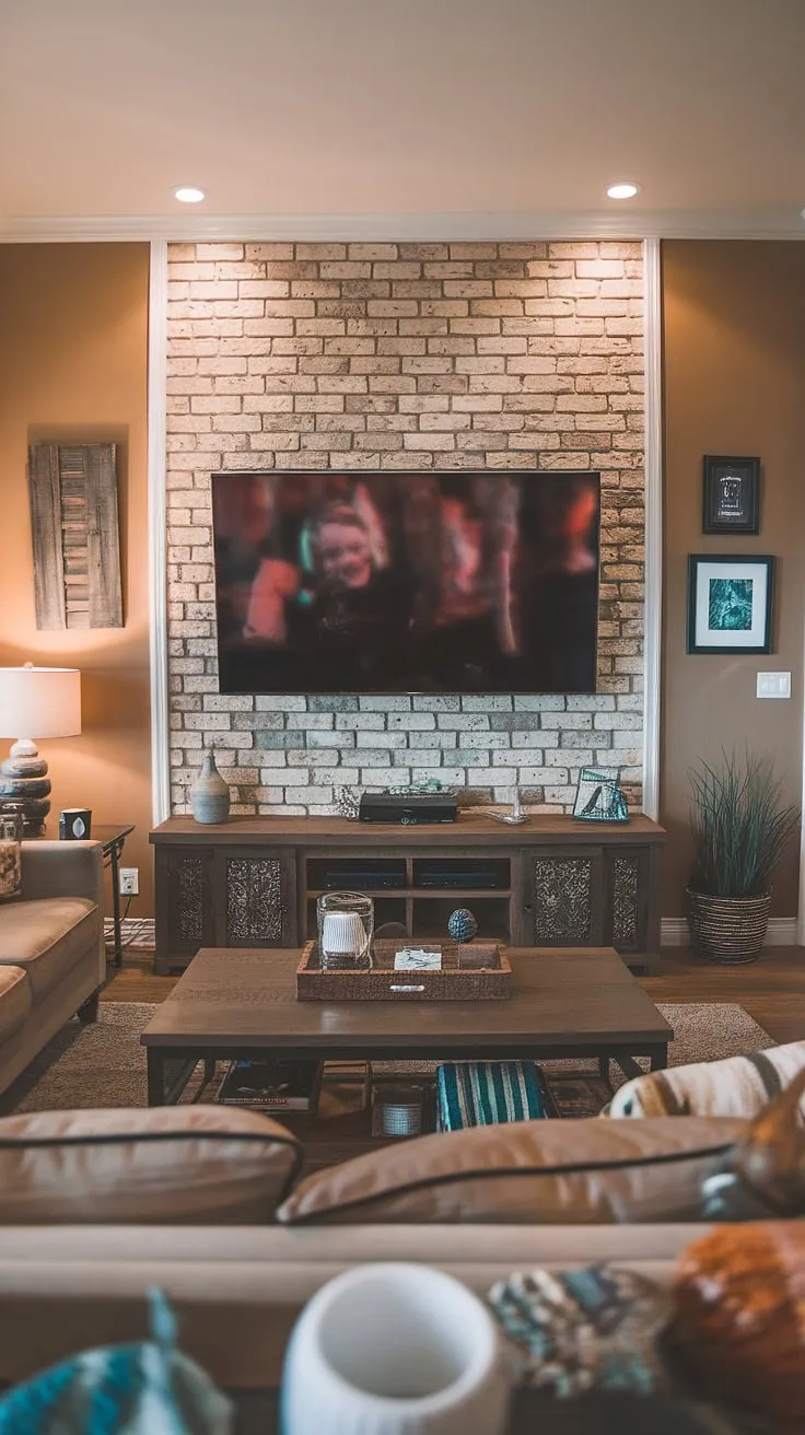 Transforming a basement into a cozy haven with this living room tv wall. The brick accent walls in living room add a touch of rustic charm, perfectly complementing the home office decor.  This living room wall designs showcases a functional yet stylish tv wall office setup.