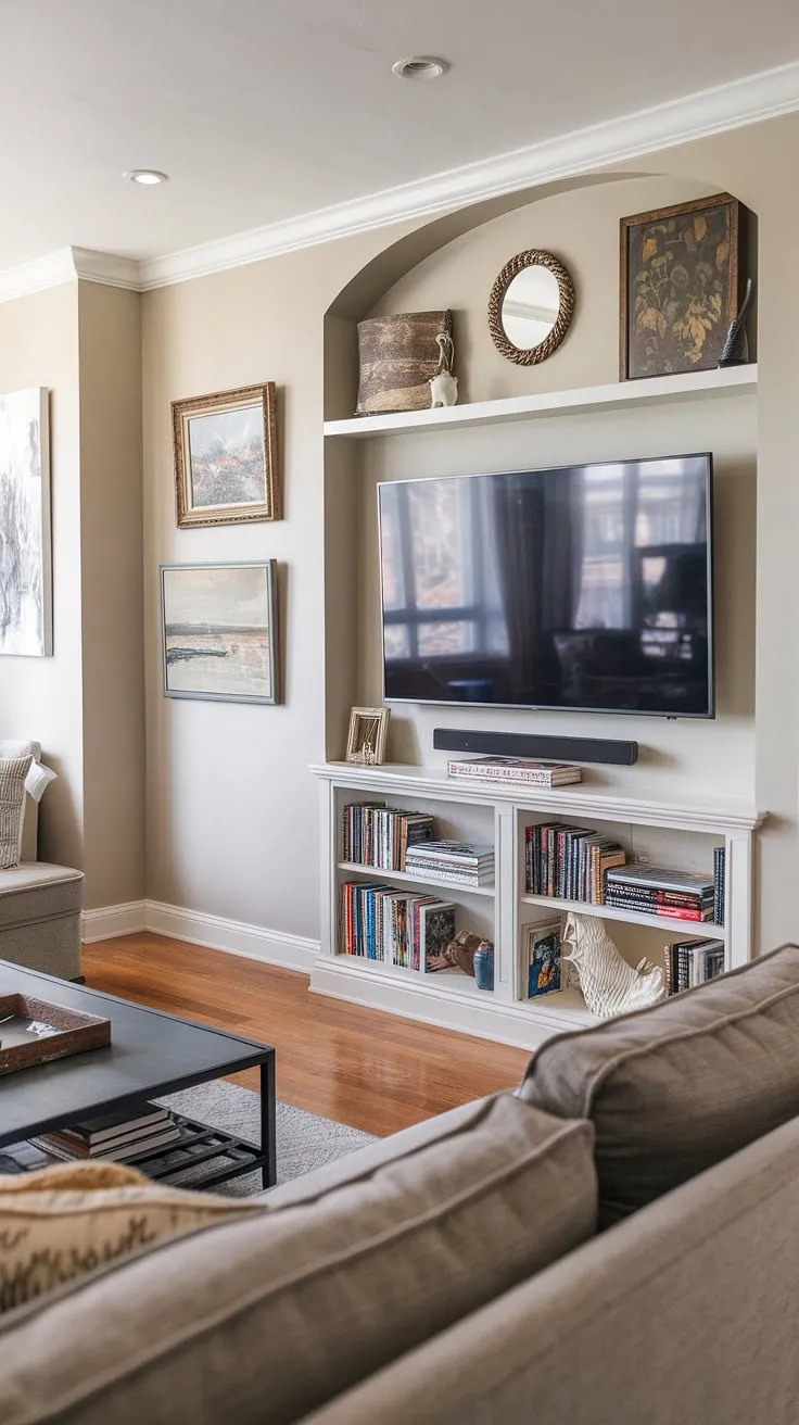 Transform your basement into a stunning living room with this inspiring tv wall office design.  The clever combination of a mounted TV, built-in shelving, and carefully curated home office decor creates a space that's both functional and visually appealing.  Note the striking accent walls in living room and the overall sophisticated living room wall designs.  This is basement living room decor done right.