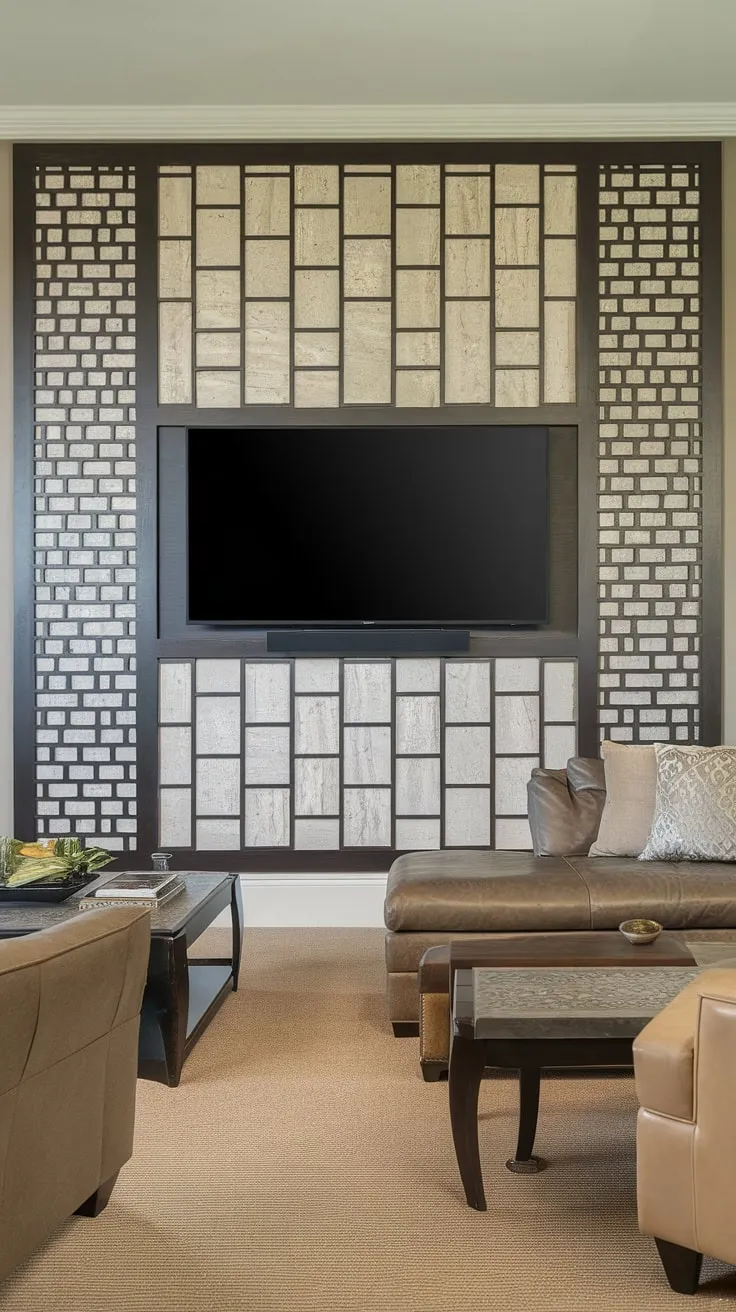 This living room wall designs showcases a perfect blend of style and functionality. The large TV mounted above the sectional sofa creates the ideal entertainment hub, while the decorative wall panel adds a touch of elegance.  Perfect for a basement living room decor, this setup effortlessly combines comfort and a touch of modern office style, making it a versatile tv wall office solution.