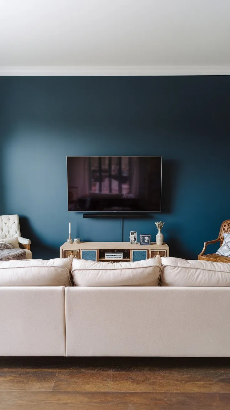 This basement living room decor showcases a clever use of space, turning a simple tv wall into a functional home office. The dark blue accent walls in living room add depth and personality, while the neutral sofa complements the overall design.  A perfect example of how to seamlessly integrate a tv wall office into your living room wall designs.
