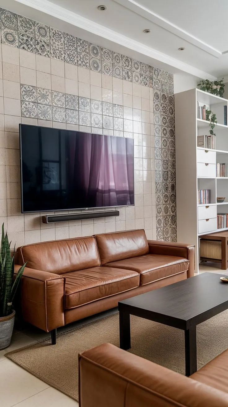 Transforming a basement into a stylish living space with this stunning living room tv wall. The accent walls in living room, featuring a striking tile pattern, create a focal point, perfectly complementing the home office decor and the brown leather sofa.  This tv wall office setup seamlessly blends work and relaxation.