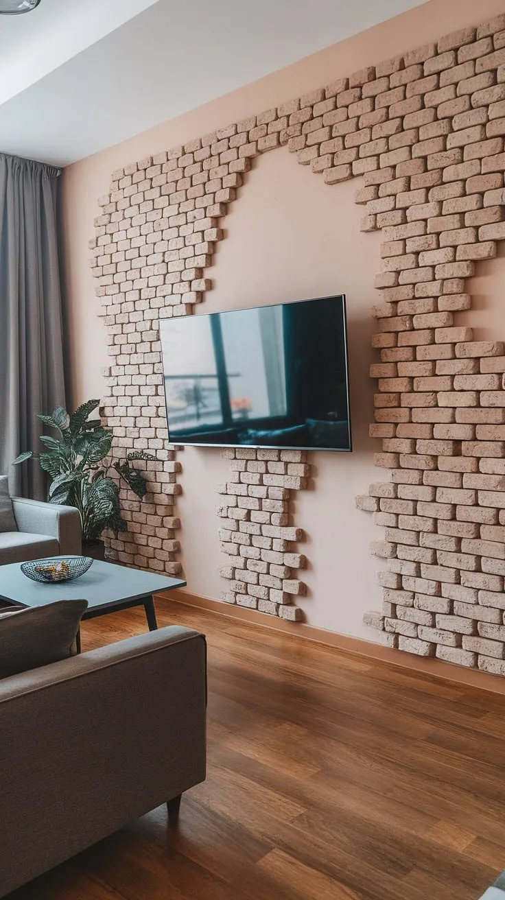 Elevate your basement living room decor with this inspiring living room tv wall. The striking brick accent walls in living room create a focal point, perfectly complementing the mounted TV and creating a functional yet stylish tv wall office. This home office decor solution seamlessly integrates work and leisure, offering a comfortable and productive space.