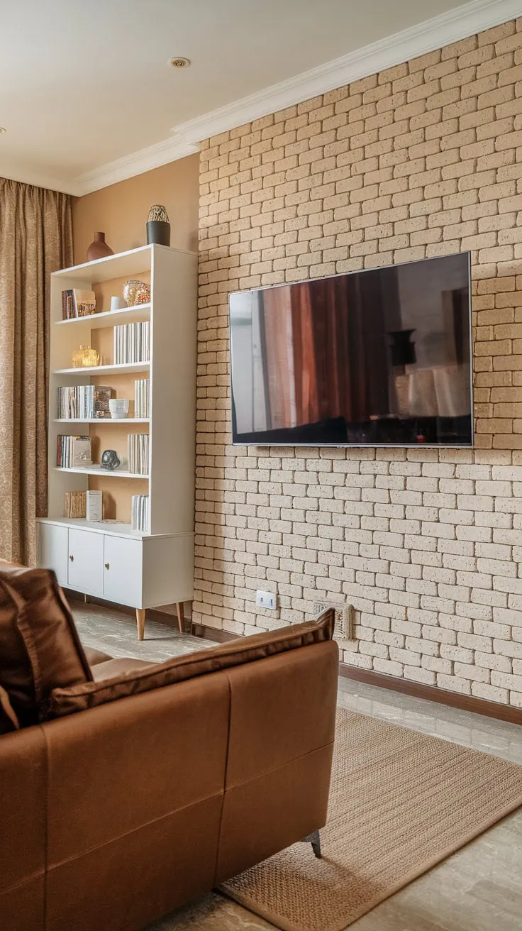 This basement living room decor perfectly blends comfort and style. The living room tv wall, featuring a textured beige brick accent wall, creates a warm and inviting atmosphere, ideal for both movie nights and focused work thanks to the dedicated tv wall office space.  The home office decor is subtly integrated, making it a seamless extension of the living room.