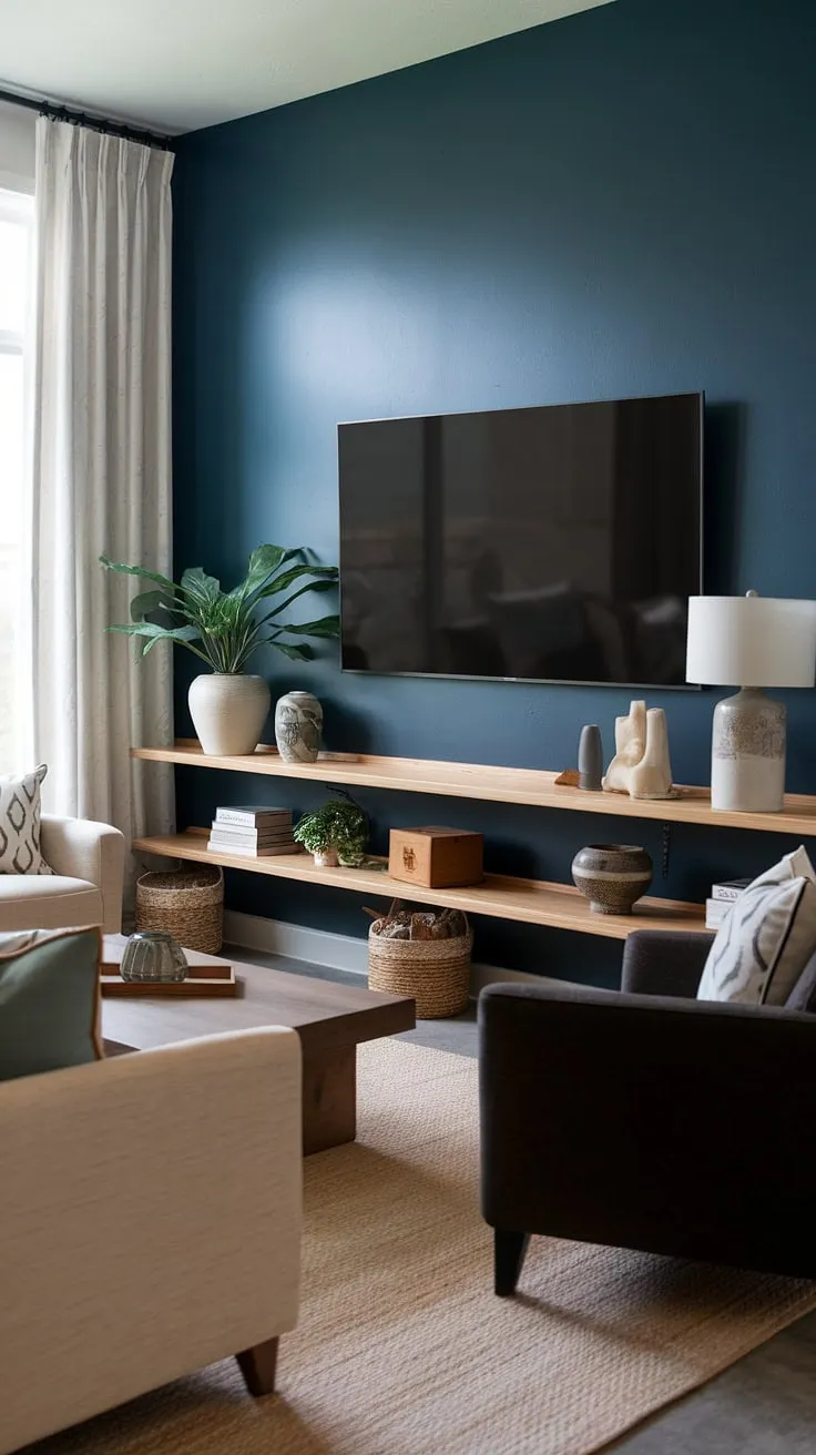 This living room tv wall is the perfect blend of style and functionality.  The deep blue accent walls in living room add a touch of drama, while the thoughtfully curated home office decor on the shelf elevates the space.  Perfect for basement living room decor, this design showcases creative living room wall designs and a smart tv wall office solution.