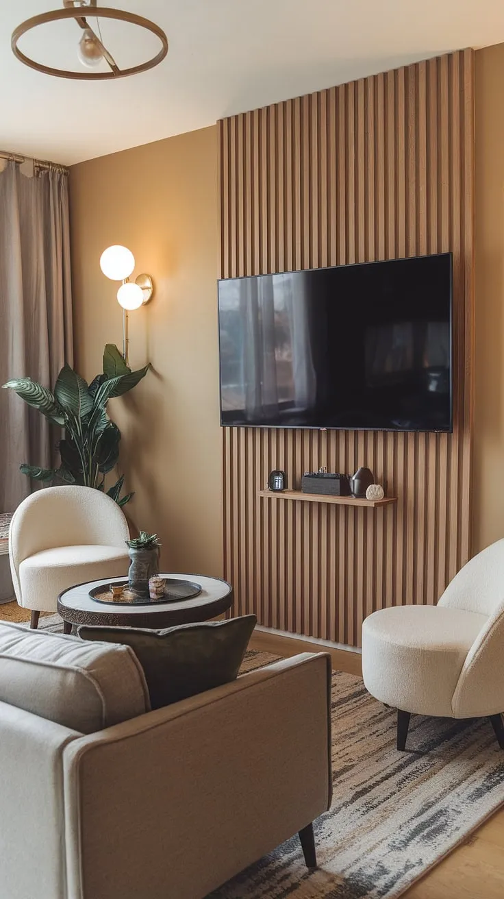 Warmth and functionality blend seamlessly in this basement living room decor. The living room tv wall, featuring a striking wooden accent wall, creates a sophisticated home office decor vibe.  The tv wall office setup is both stylish and practical, showcasing clever living room wall designs.