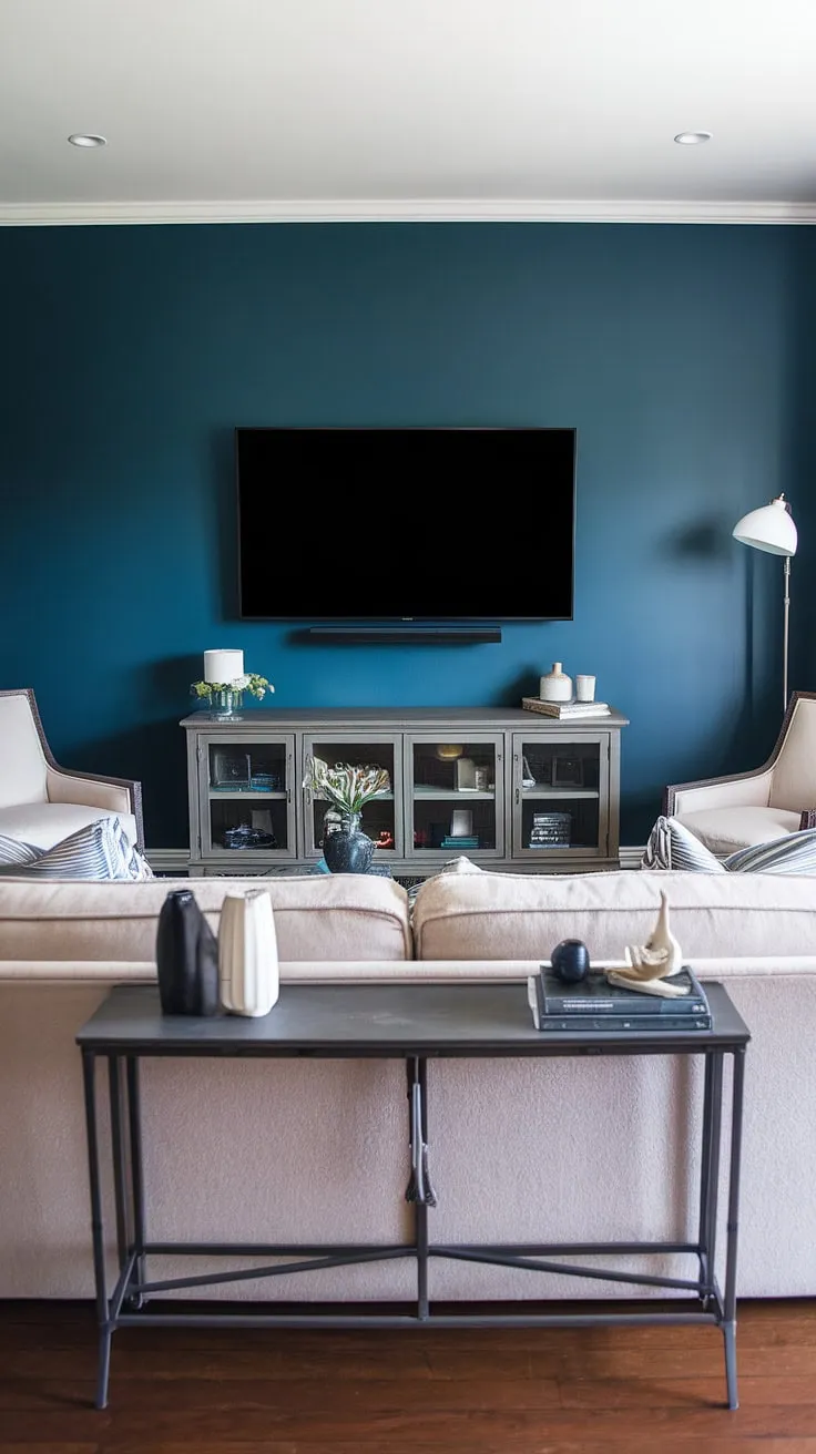 The striking living room wall designs in this space are truly captivating.  The deep blue accent walls in living room create a dramatic backdrop for the wall-mounted TV, effortlessly blending home office decor with comfortable living.  The dark gray console table anchors the tv wall office, while the warm beige sofa and hardwood floors complete this stunning basement living room decor.