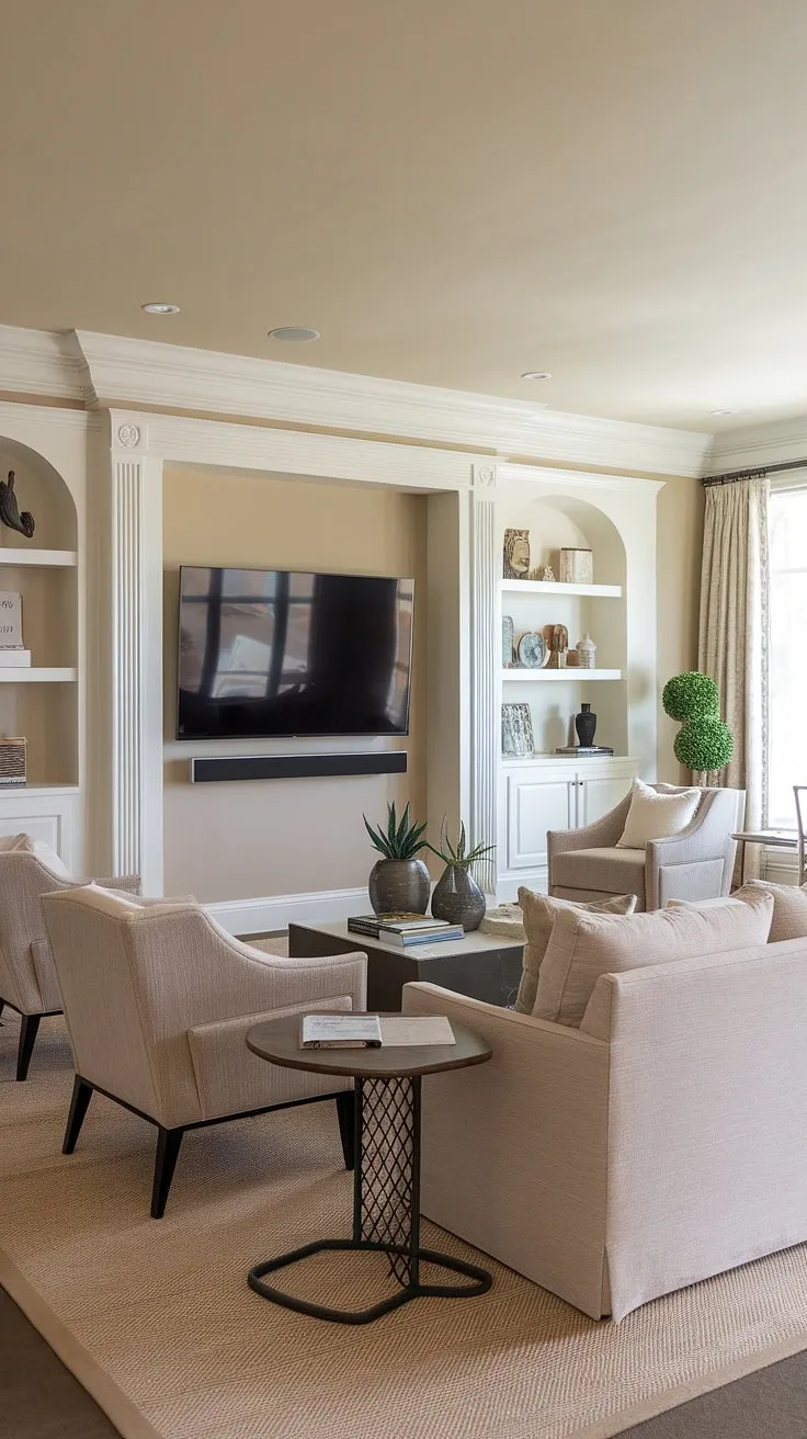 This basement living room decor seamlessly blends comfort and functionality.  The striking living room tv wall, designed as a tv wall office, creates a dedicated workspace without sacrificing style.  Clever accent walls in living room and home office decor choices enhance the space, while the overall design showcases innovative living room wall designs.