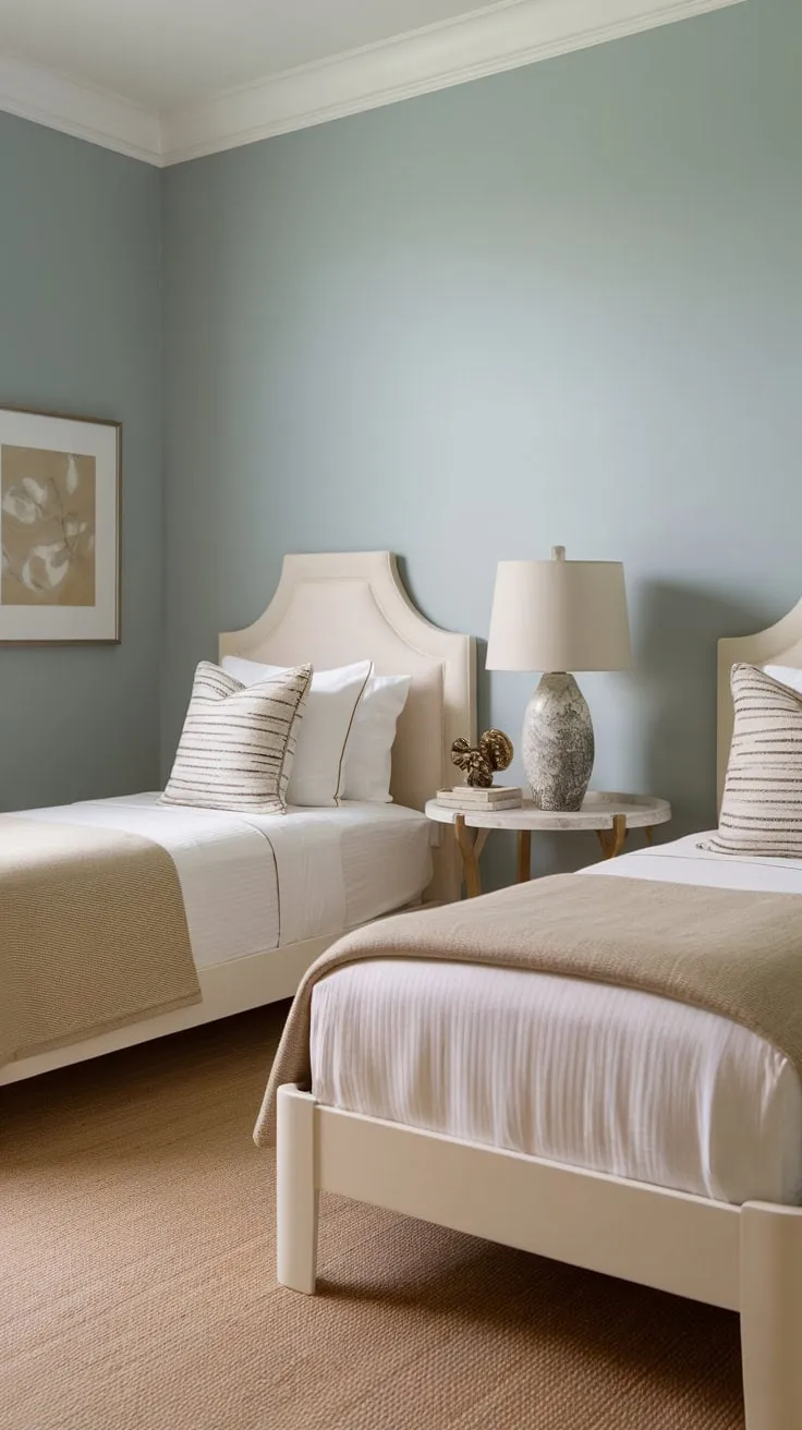A serene light blue guest room features twin beds with simple white frames beige blankets and a calming beige rug.