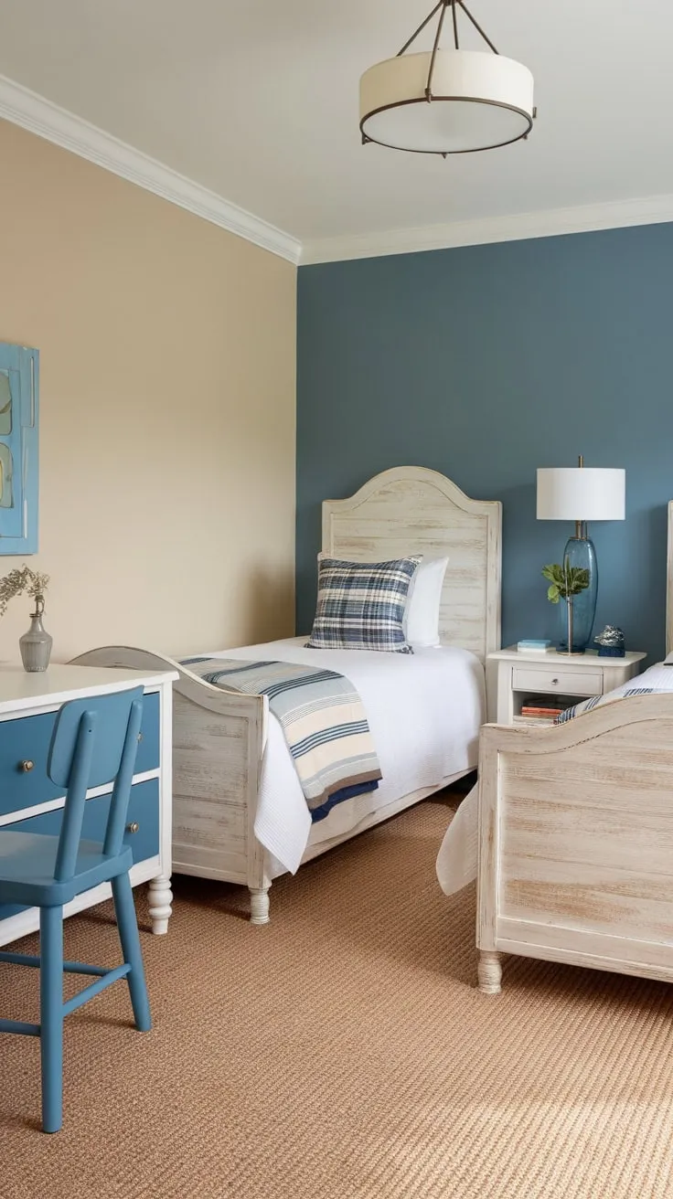 Twin beds in a stylish guest room boast a blue accent wall complementing beige walls and white furniture for a restful stay.