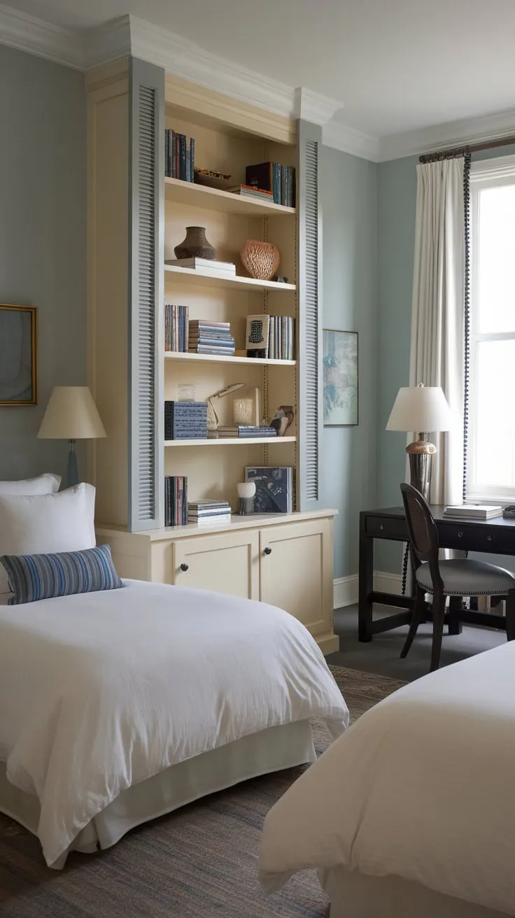 Twin beds dressed in white and blue invite restful slumber in this cozy guest room, enhanced by a bookshelf and calming blue hues.