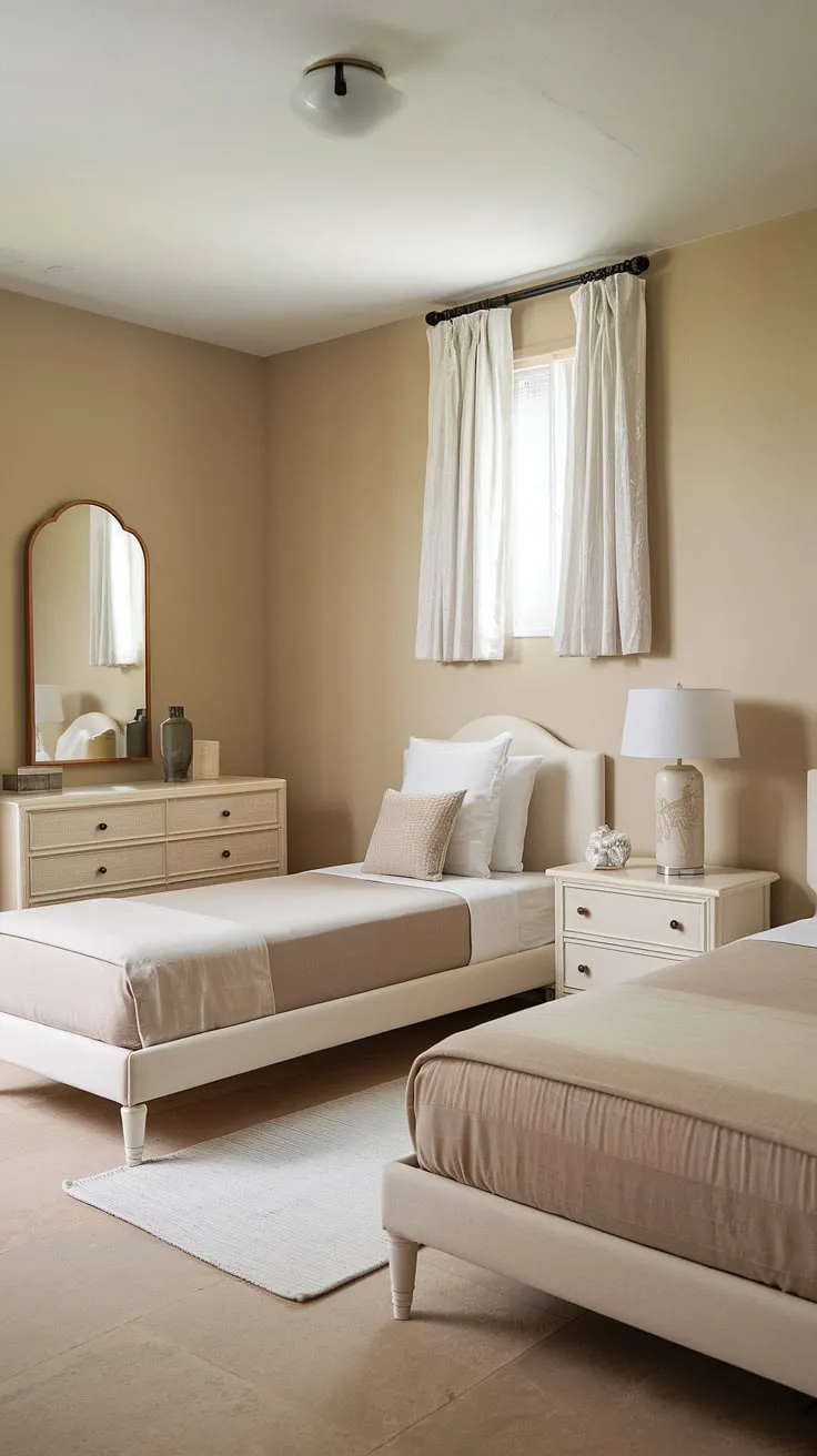 This serene guest room, designed with twin beds in small bedrooms in mind, provides a welcoming space for visitors.  The arrangement of two twin beds in one room maximizes space while maintaining comfort.  Perfect as a guest room for grandkids, this design offers practical twin bed guest room ideas and demonstrates how easy it is to style a twin bed for a sophisticated yet functional guest bedroom.  Find inspiration for your own twin beds guest room here.