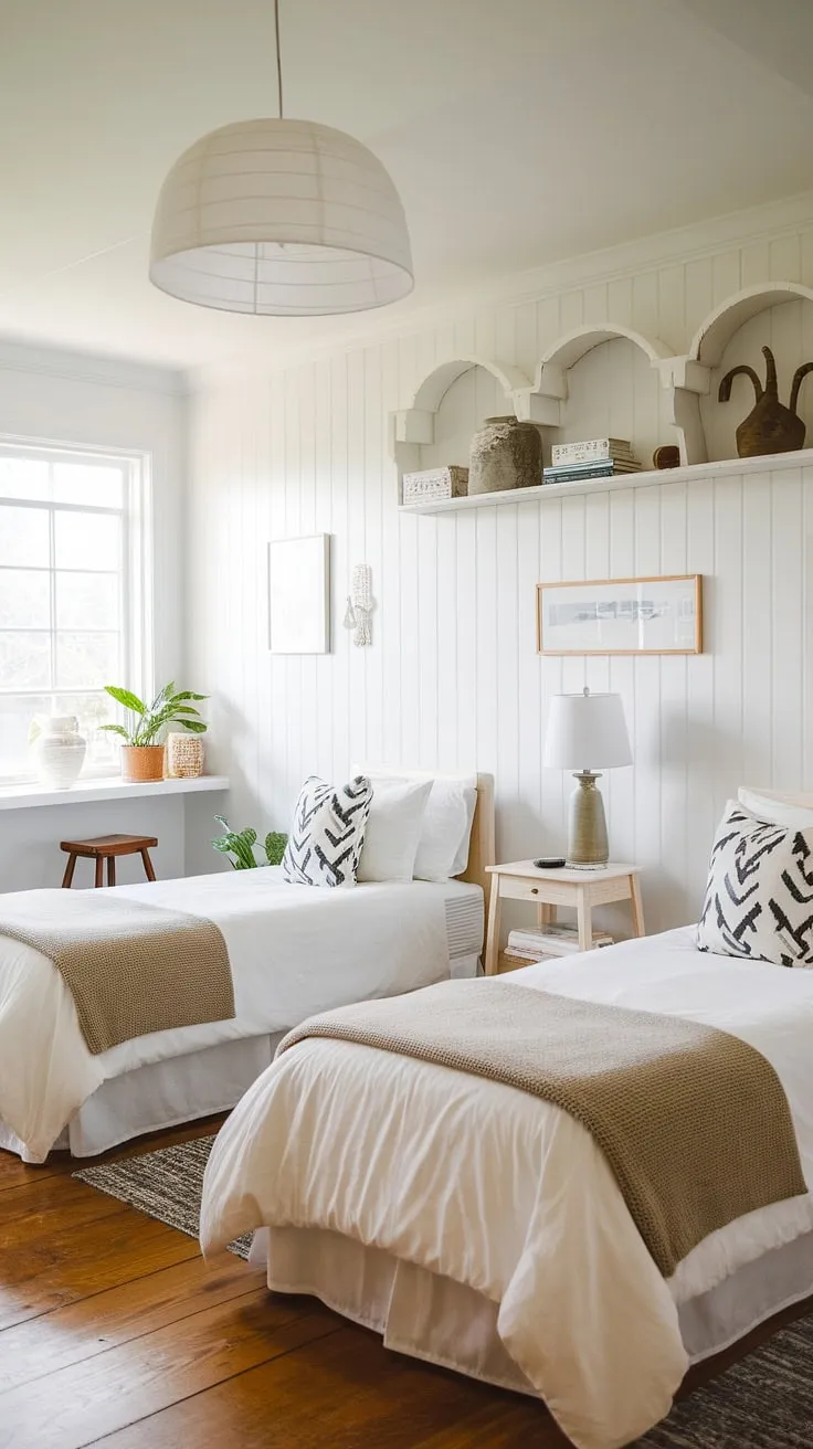 This serene guest room, perfect for grandkids or any overnight visitors, showcases how to maximize space and style with two twin beds.  Clever placement and a minimalist aesthetic offer a restful retreat, proving that twin beds in small bedrooms can be both functional and charming.  Explore these twin bed guest room ideas for inspiration on styling a twin bed and creating a welcoming double twin bed room.  Consider this a masterclass in twin size beds for guest room solutions.