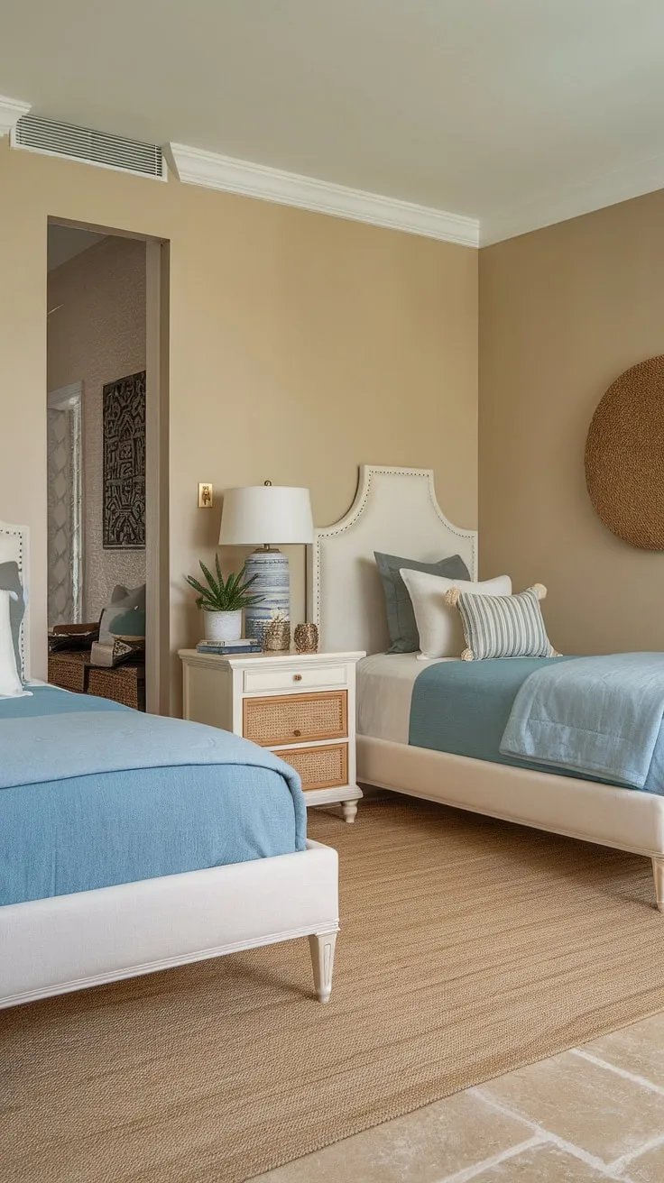 Cozy and practical, this guest room featuring twin beds offers a comfortable stay for grandkids or guests.  Perfect for showcasing twin bed guest room ideas, this space demonstrates how to maximize a small area with two twin beds in one room, ideal for twin beds in small bedrooms. Styling a twin bed is easy with the right accessories, as seen in this double twin bed room.  Consider this inspiration for your own guest bedroom ideas with twin beds or when choosing twin size beds for your guest room.