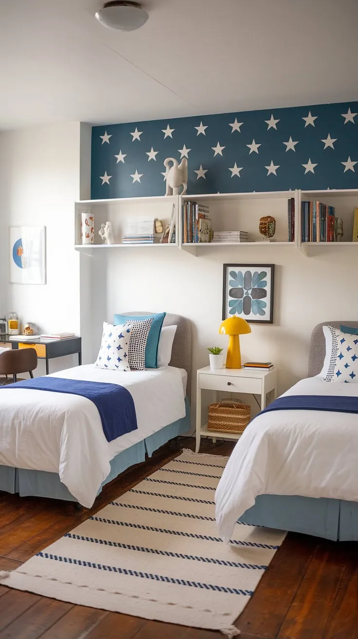 Sweet dreams are made of this!  This charming guest room, perfect for grandkids or any overnight visitors, showcases clever twin bed guest room ideas.  The blue star wall and striped rug add personality, while the white bookshelf and yellow lamp create a cozy atmosphere.  Styling a twin bed doesn't have to be boring – see how we maximized space and style with two twin beds in one room, proving that twin size beds for guest room can be both functional and adorable.  This is a great example of twin beds in small bedrooms and offers plenty of inspiration for guest bedroom ideas with twin beds or a double twin bed room.