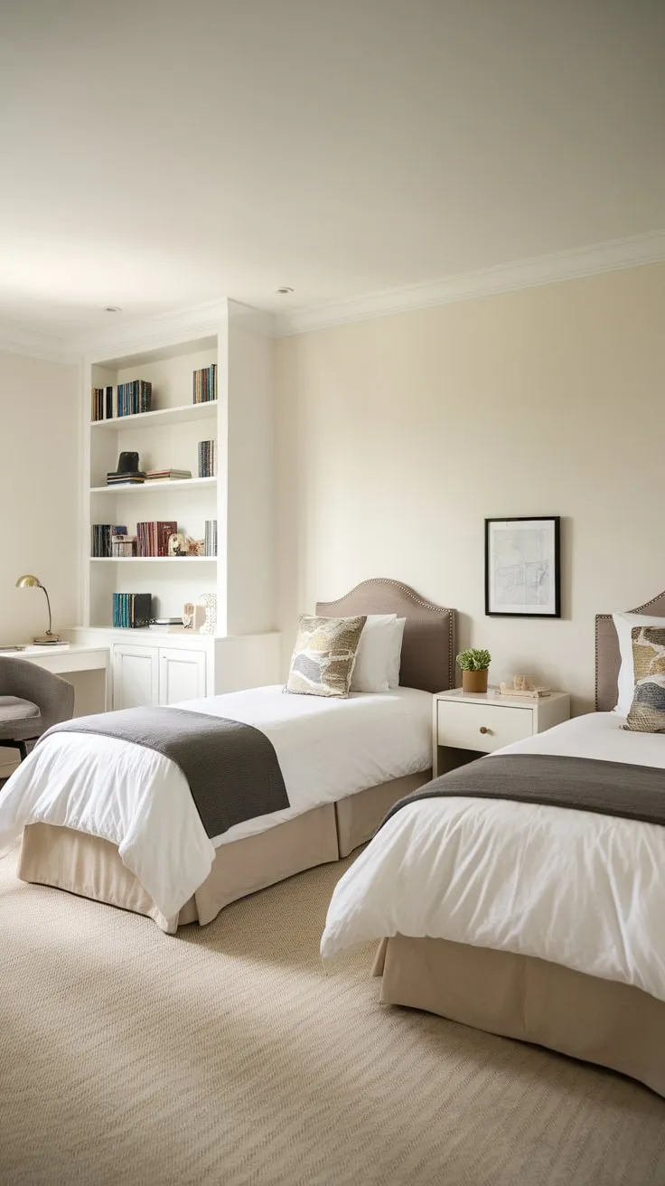 Two twin beds await in a comfortably bright guest room, complete with a small workspace and simple white furnishings.