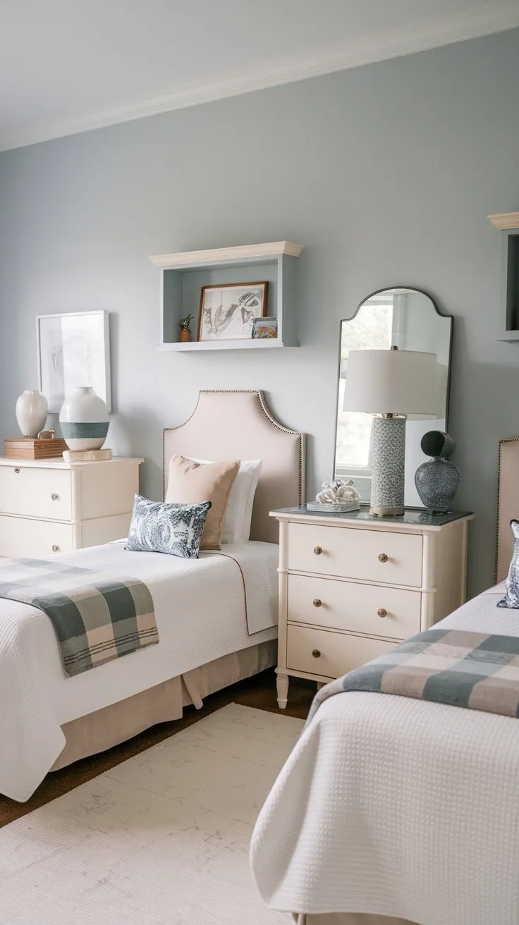 A serene light blue guest room features twin beds, a white dresser with mirror, and cozy shelving, all complemented by a white rug.