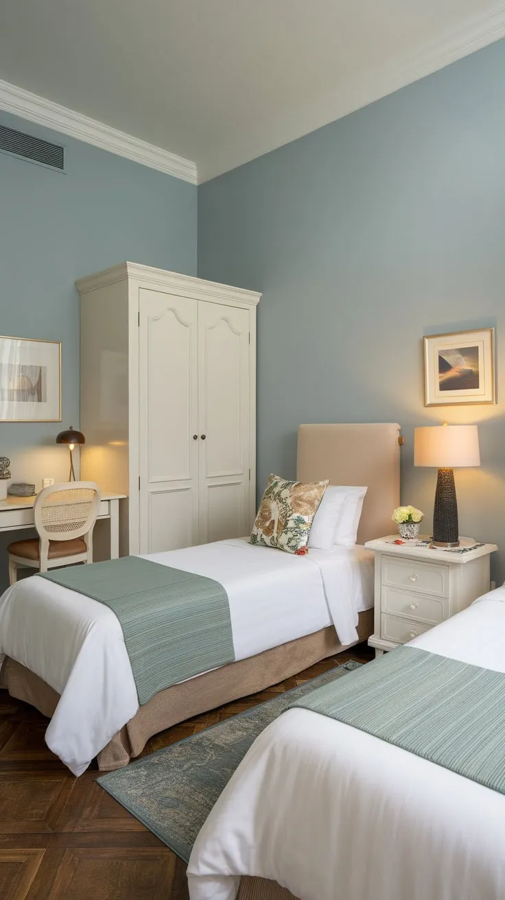 A serene guest room featuring twin beds, a soft blue palette, and thoughtful details like a small desk and decorative pillows awaits your stay