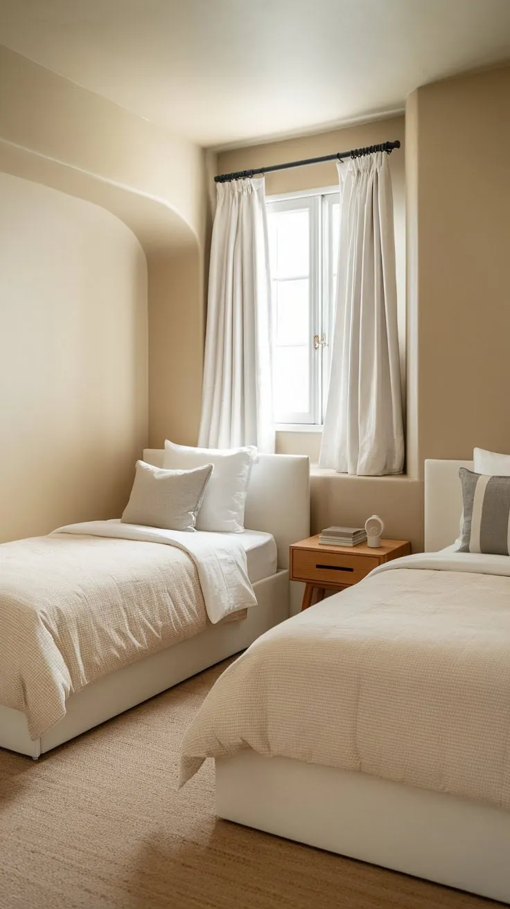 Twin beds in a calming beige and white guest room offer a peaceful retreat with minimalist design.