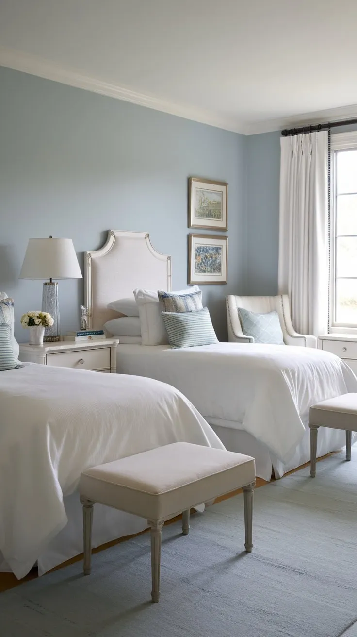 A serene light blue guest room features twin beds, white furniture, and coordinating accents for a restful stay