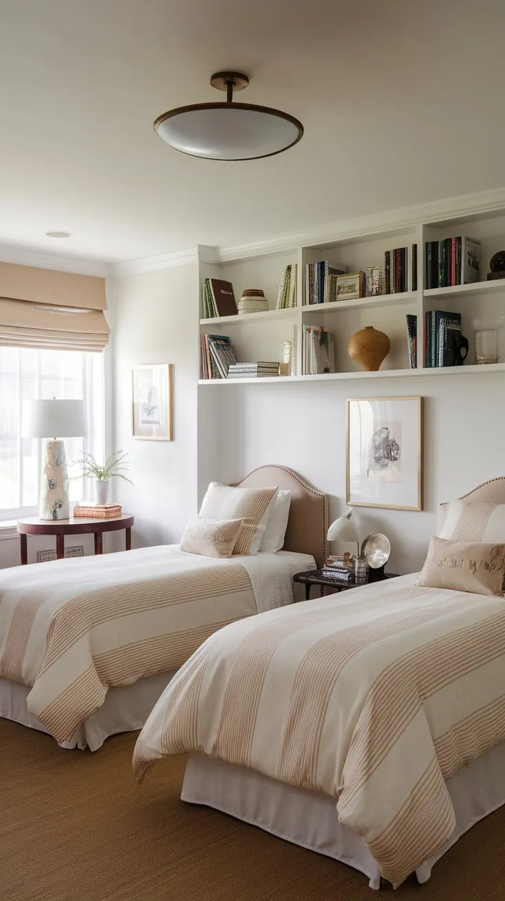 Twin beds in a bright, simply decorated guest room offer a comfortable and inviting stay.