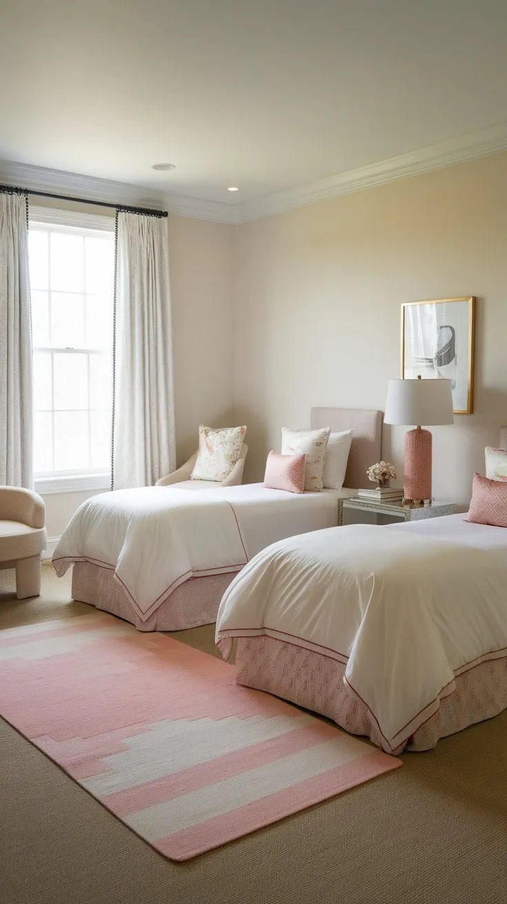 A charming guest room features twin beds with pink accents a beige chair and a calming neutral palette.