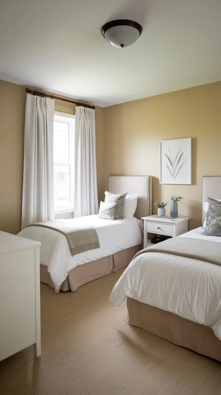 Two twin beds in a calming beige guest room offer comfortable and restful sleep for two.