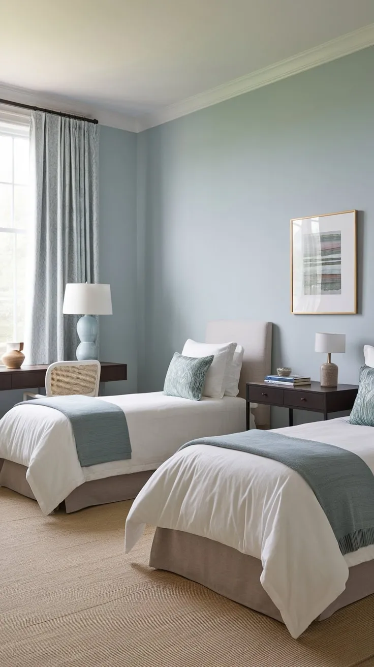 A serene light blue guest room offers twin beds, a small desk, and a beige rug for a comfortable stay