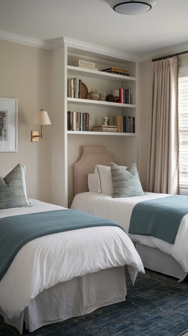 A small but inviting guest room with twin beds offers a peaceful retreat, enhanced by subtle blue and beige décor.