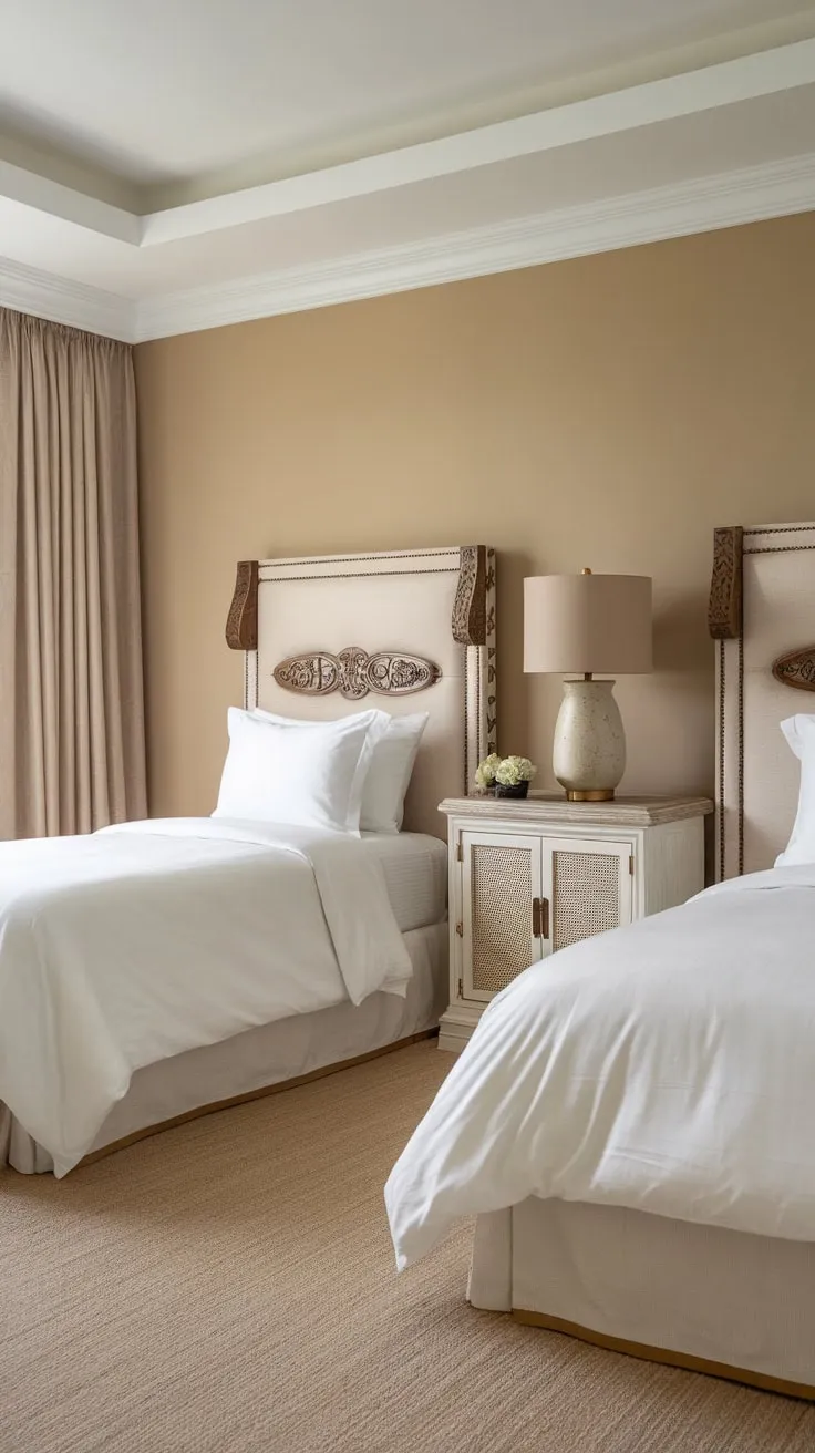 Two twin beds in a soothing beige and white guest room offer comfortable and stylish accommodations.