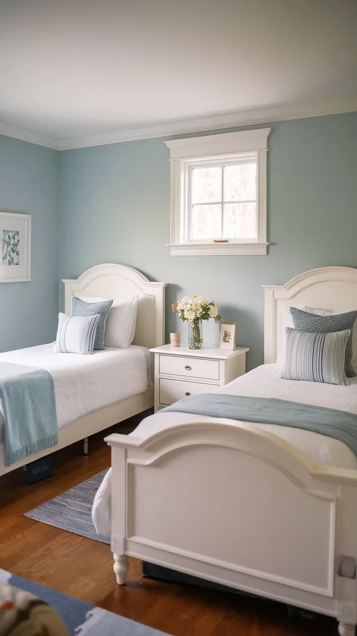 A charming guest room for grandkids, designed with two twin beds in a small space. This double twin bed room offers a delightful retreat, showcasing practical twin beds in small bedrooms solutions.  Explore these twin bed guest room ideas for your own home, focusing on maximizing space and creating a cozy atmosphere.  From styling a twin bed to choosing the right twin size beds for guest room, this room provides ample inspiration for your next project.  The soft blue walls and white furniture create a peaceful haven for young visitors.