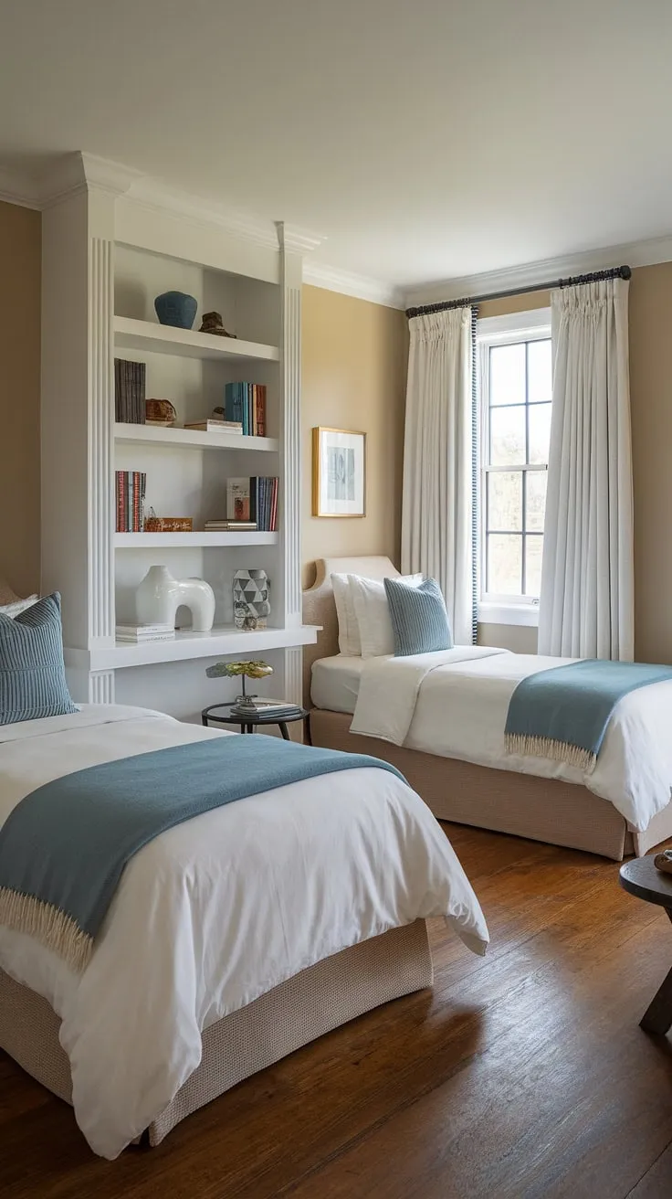 Cozy and functional, this guest room featuring twin beds offers a perfect retreat for grandkids or guests.  Clever styling maximizes space, showcasing practical twin bed guest room ideas for small bedrooms, proving that two twin beds in one room can be both stylish and comfortable.  Consider this inspiration for your own guest bedroom ideas with twin beds, or for styling a twin bed in a limited space.  The double twin bed room setup is surprisingly versatile.