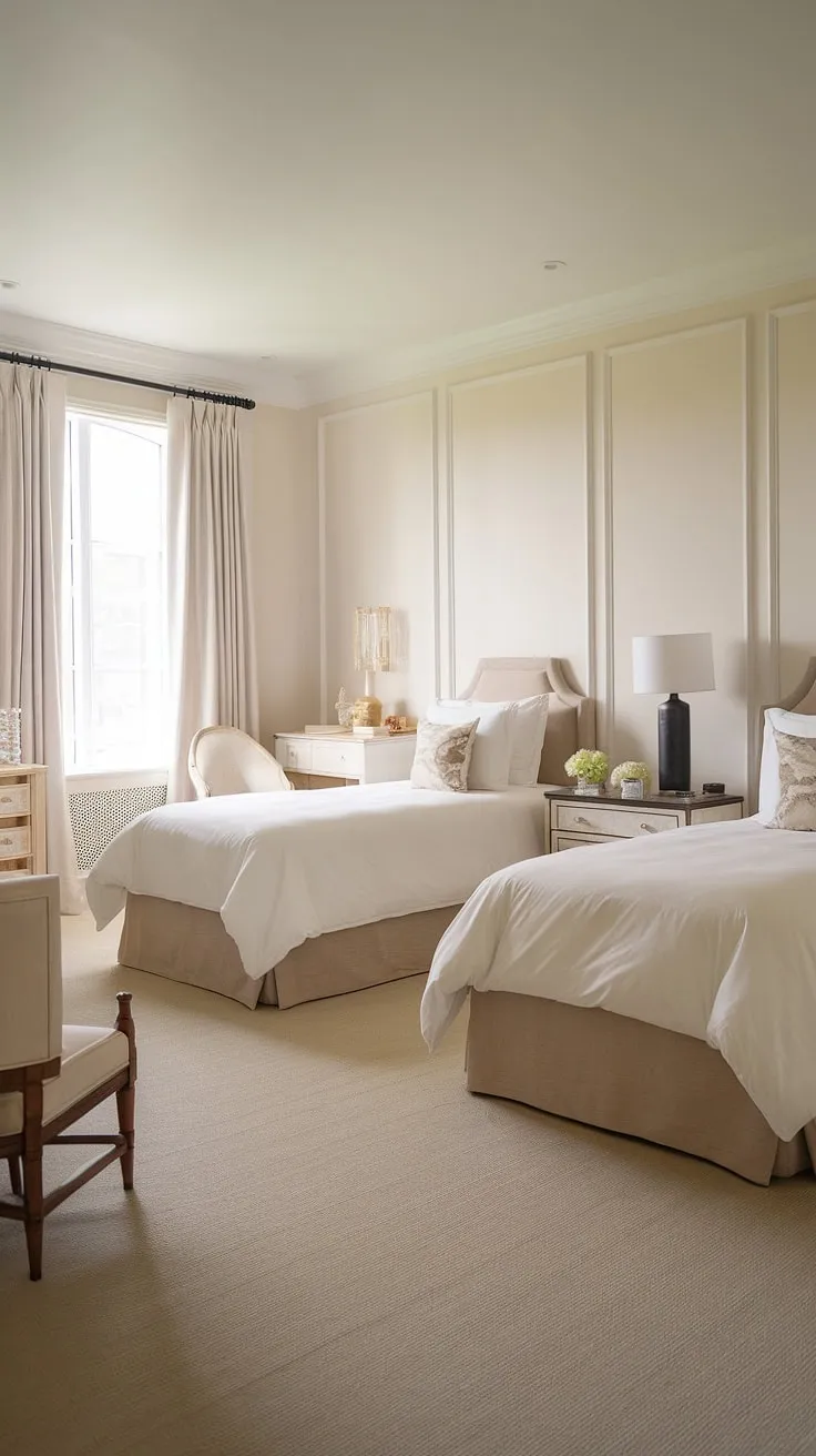 This bright and airy guest room, featuring two twin beds in one room, offers a welcoming retreat for visitors.  Ideal as a guest room for grandkids, the neutral beige and white palette creates a calming atmosphere.  Get inspired by these twin beds guest room ideas and discover how to effectively use twin beds in small bedrooms, while still achieving a stylish and functional space.  Learn how to maximize your space with our twin bed guest room ideas, perfect for styling a twin bed and creating a comfortable double twin bed room.