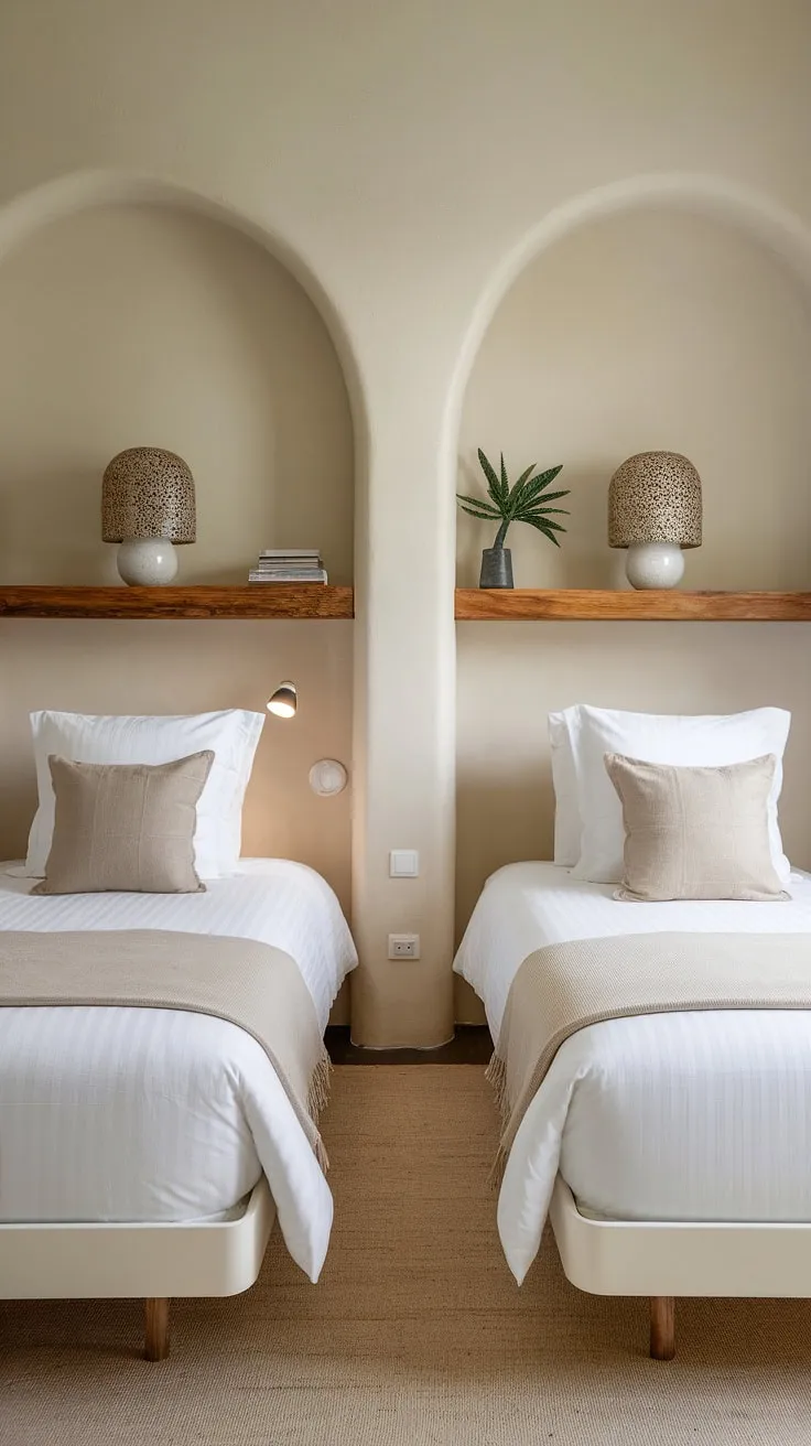 This guest room with twin beds proves that even a small space can be stylish and functional.  With clever twin bed guest room ideas, this room effortlessly accommodates two guests.  The neutral color palette and minimalist design make it a perfect guest room for grandkids or any visitor.  Learn how to maximize space with twin beds in small bedrooms and styling a twin bed to create a welcoming atmosphere. This double twin bed room is a testament to the versatility of twin size beds for guest room.