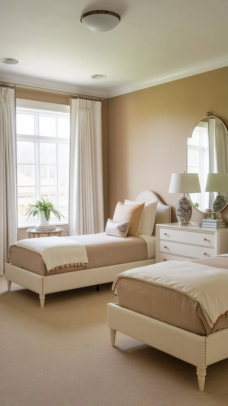 Two twin beds in a calming beige and white guest room offer comfortable and restful accommodations.