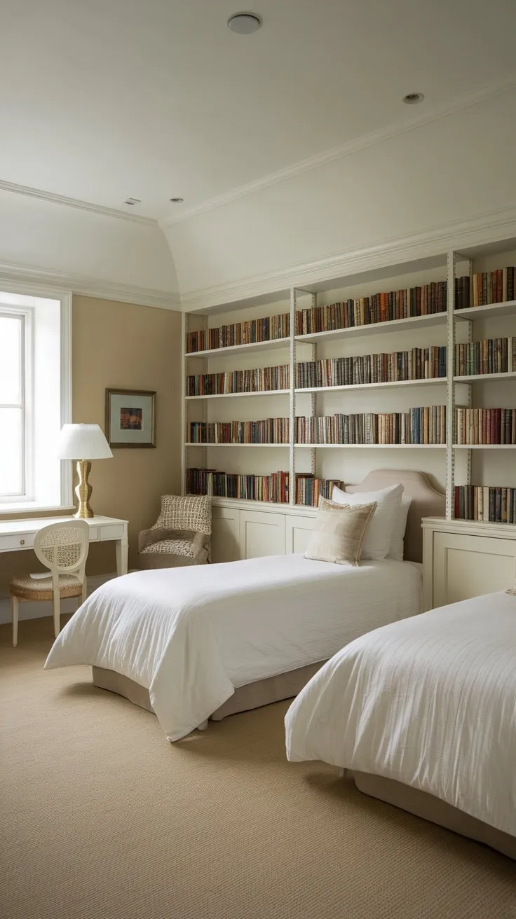 Twin beds in a simply furnished beige guest room provide comfortable accommodations for two.