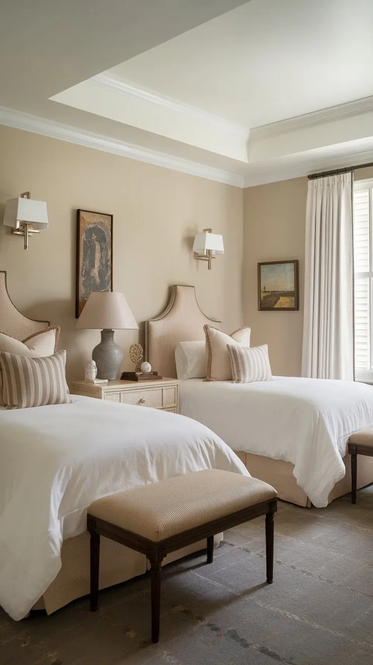A cozy guest room featuring twin beds, warm lighting, and tasteful décor welcomes restful slumber