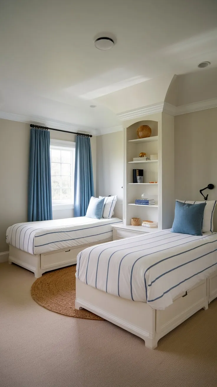 Two twin beds dressed in blue stripes create a restful guest room accented by white walls a small rug and a bookshelf.