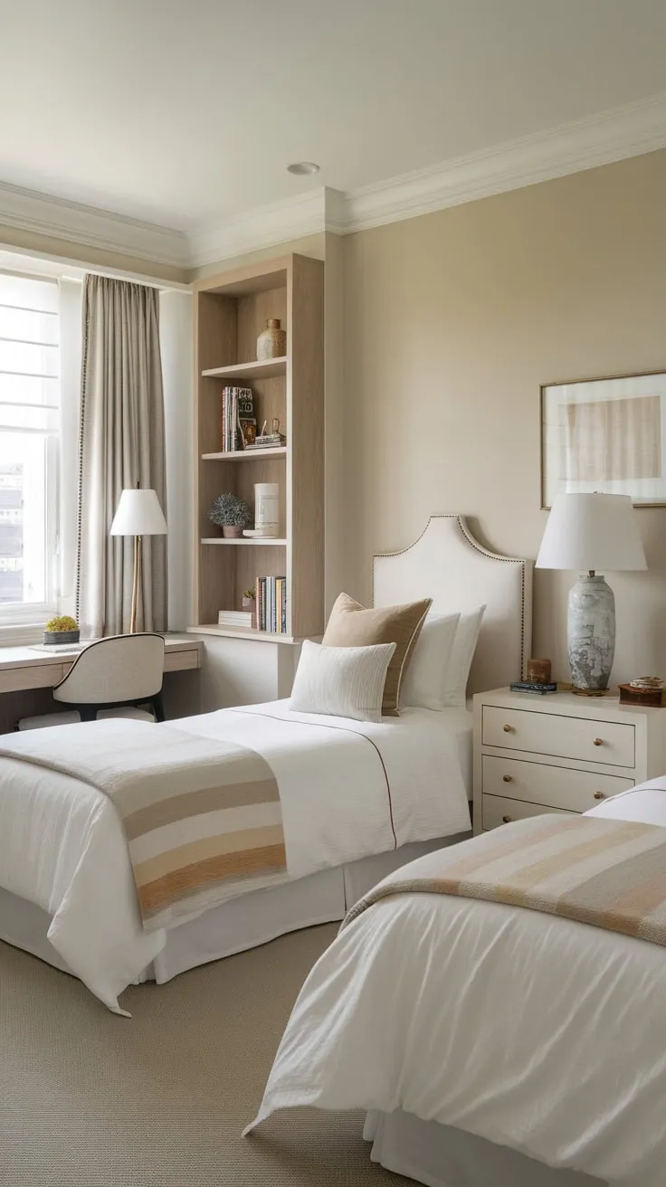 Relax in this calming twin-bedded guest room with a neutral décor and practical workspace.