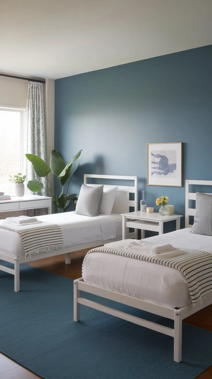 A medium-sized guest room offers twin beds in a simple white and blue design, enhanced by a touch of green.