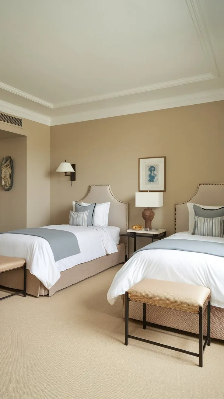 Two twin beds in a calming beige guest room offer a restful retreat for overnight visitors.