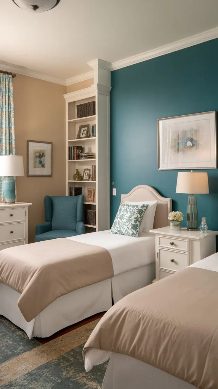 Twin beds in a restful beige and teal guest room offer comfortable accommodations with white furniture and a small rug.