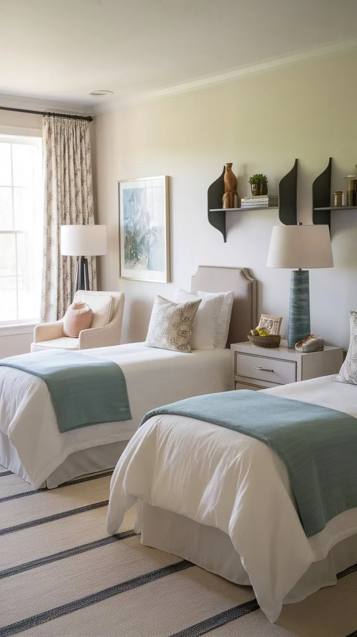 A comfortably furnished guest room awaits with twin beds, perfect for a restful stay