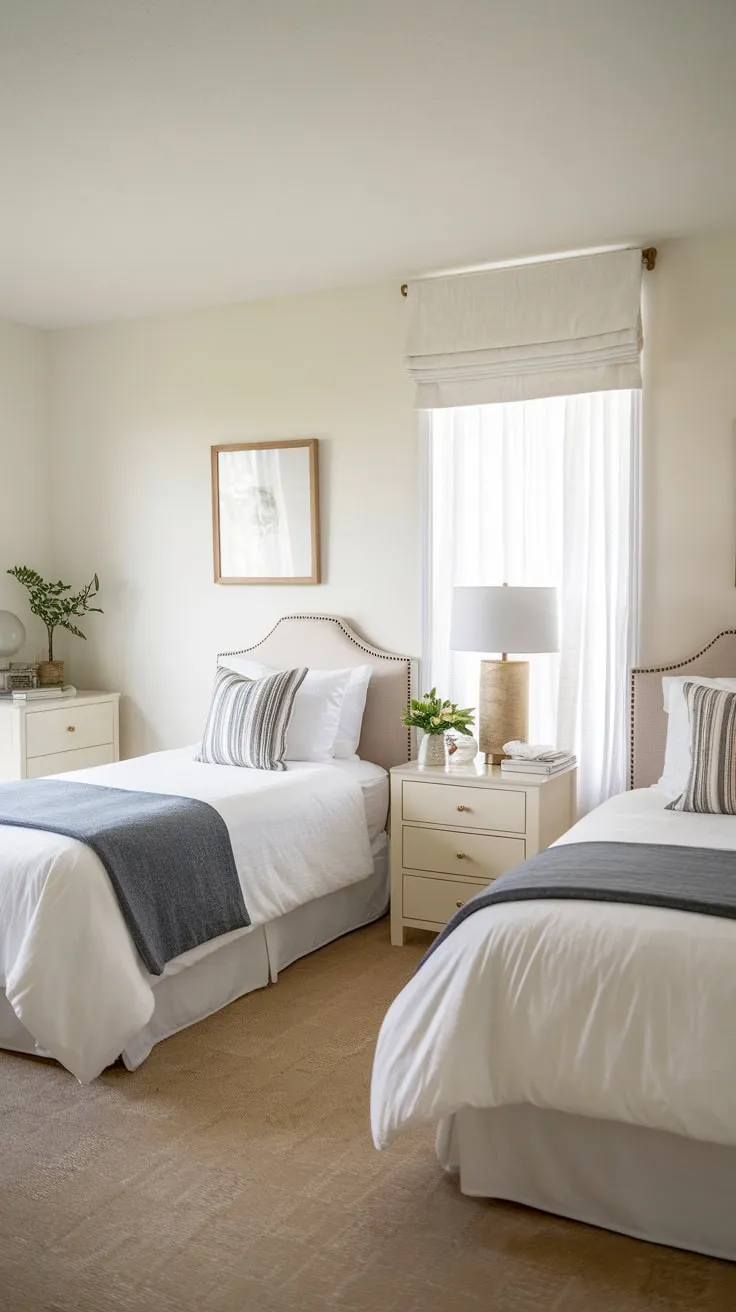 A bright guest room featuring twin beds offers a restful retreat with simple elegance