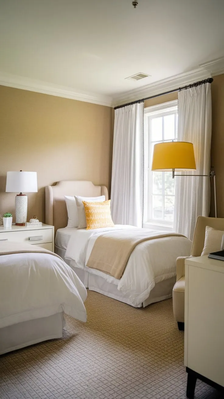 Twin beds and calming beige and white décor create a peaceful guest room retreat.