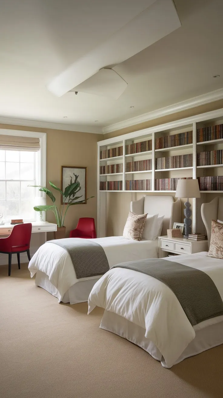 Two twin beds in a calming beige and white guest room provide a restful retreat enhanced by a functional desk area.