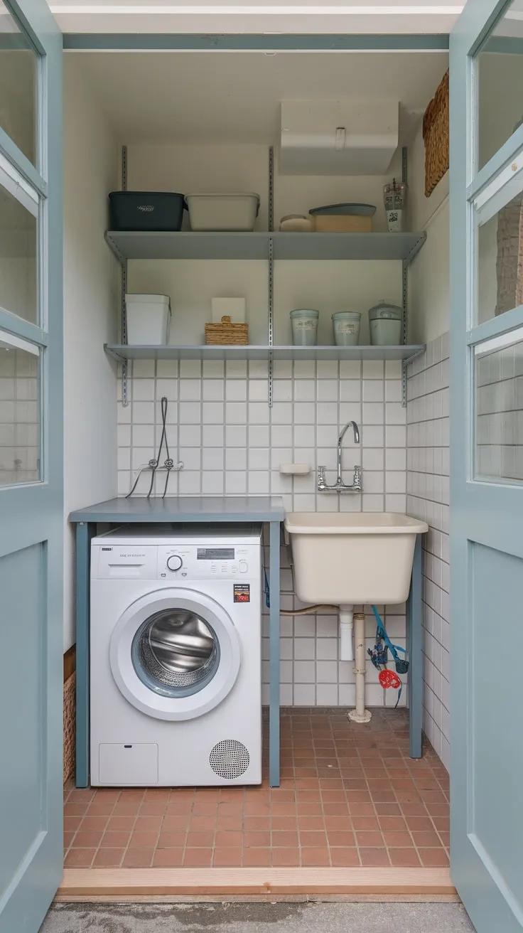 A modern, tiled utility room efficiently combines laundry appliances, a sink, and smart storage despite its compact size.
