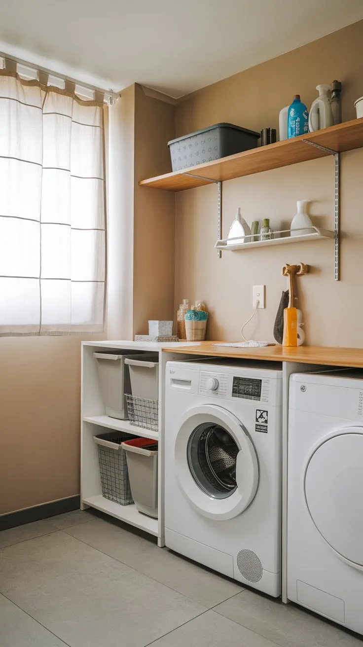 A modern, efficiently designed utility room cleverly utilizes limited space for optimal storage.